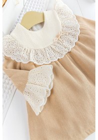 Resim Yakası Güpürlü Uzun Kollu Kadife Kız Bebek Elbise Bej 