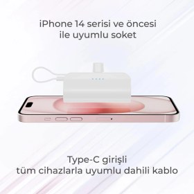 Resim Woyax İphone Lightning Soketli Mini Powerbank 5000mah Type-c Dahili Kablolu Taşınabilir Şarj Cihazı Beyaz 