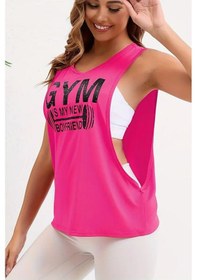 Resim Ghassy Co. Kadın Gym Baskılı Nefes Alabilen Fitness Yoga Koşu Kolsuz Spor Atlet Fuşya 