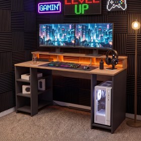 Resim Rani HA122 LED Işıklı Kumandalı Rgb Raflı Oyuncu Bilgisayar Masası Çalışma Masası Sepet Ceviz - Antrasit 