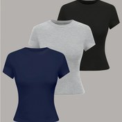 Resim 3 Adet Kadın Slim-Fit Esnek Polyester Tişörtler - Seksi Günlük Yuvarlak Yaka Kısa Kollu Üstler, Makinede Yıkanabilir Düz Renkli Temel Tişörtler İlkbahar Yaz Sonbahar için, Siyah Heather Gri Lacivert, Bayan Tişörtleri, Sezonluk Moda, Şık Fit Tee, Esnek Kumaş 