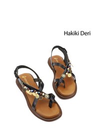Resim Gönderi(r) Kadın Siyah Boncuklu Parmak Arası Hakiki Deri Sandalet 
