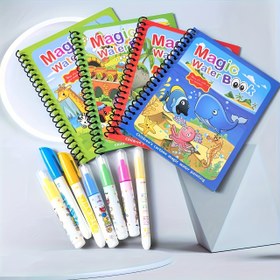 Resim 4 Adet Yeniden Kullanılabilir Sihirli Suluboya Kitabı - Çocuklar İçin Eğitici Karikatür Boyama Seti, Şablon ve Kalemlerle Dinozor, Okyanus, Korsan & Peri Masalları Temaları, Canlı Renkler, Yüksek Kalite Kağıt, 3 Yaş ve Üzeri Kız ve Erkek Çocuklar İçin Mükemmel Hediye (Noel, Şükran Günü, Paskalya) 