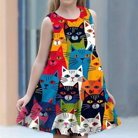 Resim Yeni Kızlar Yaz Kedi Elbisesi Moda Karikatür Sevimli 3D Baskılı Elbise Kızlar Kolsuz Prenses Çok Renkli Kedi Desenli Giyim 