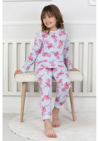 Resim Cute Flamingo Desenli Kız Çocuk Pijama Takımı Mavi 