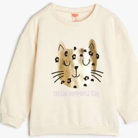 Resim Kız Bebek Sweatshirt Uzun Kollu Bisiklet Yaka Parlak Kedi Baskılı Şardonlu Pamuklu 