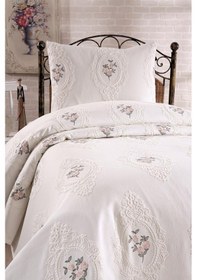 Resim Gardenlove Nakışlı Şönil 2 Parça Tek Kişilik Yatak Örtüsü Krem Krem 