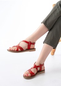 Resim Kırmızı Ortopedik Hakiki Deri Kadın Sandalet Çok Renkli 