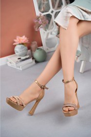 Resim UMEL SHOES Çift Bant Taşlı Rose Platform Topuklu Ayakkabı 