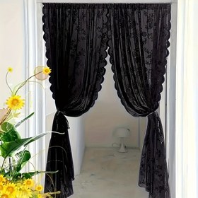 Resim 2D Kapı Perdesi, 1 Adet Şık Siyah Dantel Kapı Perdesi Çiçek Nakışlı - Dalgalı Kenar Tasarım, Yarı Saydam Polyester Pencere Ekranı Ev Dekoru İçin, Çubuk Cep Tarzı, Oturma Odaları, Yatak Odaları veya Girişler İçin Mükemmel, Şık Kapı Perdesi | Çiçekli Nakışlı Perde | Karmaşık Dantel Detayları 