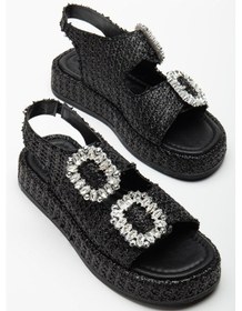 Resim Kadın Dolgu Topuk Sandalet Siyah Çift Bantlı Hasır Malzeme Taşlı Tokalı-4068 Siyah 