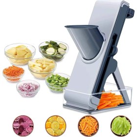 Resim Profesyonel Basmalı Rende Doğrayıcı - 3 Bıçaklı Paslanmaz Çelik Kesme, Mandolin Doğrama ve Rendeleme Aleti - Sebze, Meyve, Peynir, Salata ve Pratik Mutfak Kullanımı Için Ergonomik Tasarım 