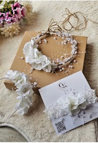 Resim çiğdem kaya design Anne abla bebek ortanca çicekli incili lohusa taç seti, babyshower 