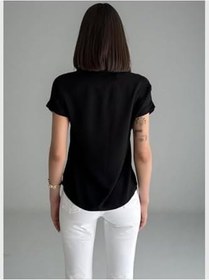 Resim Kadın Viskon Kısa Kol V yaka Yakalı Slim Fit Gömlek 