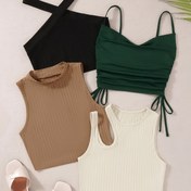 Resim 4 Adet Kadın Kaburga Desenli Crop Tank Top - Nefes Alabilen Yazlık Günlük Üstler, Keyhole Kesimli ve Ayarlanabilir İpli Askılı, Makinede Yıkanabilir, Pembe Mavi Açık Gri Beyaz, Rahat Kesim, Şeffaf Olmayan Kumaş, Kısa Kollu, Trend Stil, Günlük Gereç 