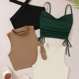 Resim 4 Adet Kadın Kaburga Desenli Crop Tank Top - Nefes Alabilen Yazlık Günlük Üstler, Keyhole Kesimli ve Ayarlanabilir İpli Askılı, Makinede Yıkanabilir, Pembe Mavi Açık Gri Beyaz, Rahat Kesim, Şeffaf Olmayan Kumaş, Kısa Kollu, Trend Stil, Günlük Gereç 