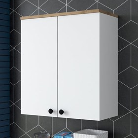 Resim Rani KB102 Kapaklı Banyo Dolabı Makina Üstü Çok Amaçlı Raflı Dolap Beyaz - Sepet Ceviz 