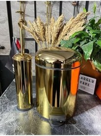 Resim İSAOĞLU YAPI Parlak Gold Altın Banyo Çöp Kova Ve Fırça Seti 