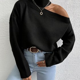Resim Katı Renk Turtleneck Omuz Açık Uzun Kollu Kazak 