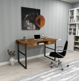 Resim WOODFACE Allen Ofis Çalışma Masası 120x60 Doğal Ahşap Cm Demir Iskelet Özel Tasarım Ceviz Renk 