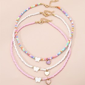 Resim 3 Parça Renkli Tohum Boncuklu Kelebek ve Kalp Kolye Seti - Kızlar İçin Şık Aksesuar | Yaz Plaj Festival Parti Hediyesi, Gençler için 