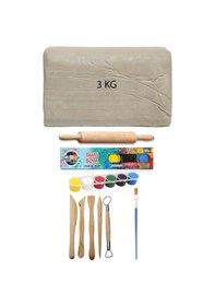 Resim Beyaz Seramik Hamuru 3 Kg Kil Ebeşuar Seti 6x15 Ml Guaj Merdane 