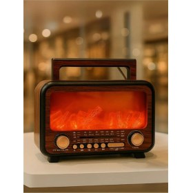 Resim Alev Efektli Hareketli Şömine Görünümlü Nostaljik Radyo Bluetooth LED Işıklı Güneş Enerjili solar 