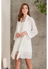 Resim Pierre Cardin 4800 Kadın Dantelli Kadife Tulum Sabahlık Takım-ekru Ekru 