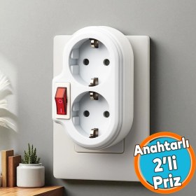 Resim Grup Priz Kablosuz Açma Kapamalı Anahtarlı 2'li Beyaz Grup Priz Golyat Düğmeli Fiş Topraklı Çoklu 