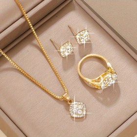 Resim 4 adet Kadın Moda Takı Seti - Parlayan Sentetik Zirkonya ile Zarif Kare Tasarım, Boyunluk, Küpe ve Yüzük İçerir, Günlük Giyim ve Hediye Verme için Mükemmel, Öğretmen Günü, Mezuniyet veya Herhangi Bir Durum İçin, Takı Boyunluk 