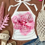 Resim Kadınlar İçin Pembe Çiçek Desenli Halter Boyunlu Tank Top - Ayarlanabilir Düğme Ön, Kırışık Dokulu ve Orta Esneklikte Tatil & Günlük Giyim için - İlkbahar Yaz Sonbahar Casual Üstler, Kadın Tank Topsu, Yazlık Kıyafetler, Şeffaf Olmayan Kumaş 