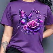 Resim Kadınlar için Mor Gül ve Kelebek Desenli, Kısa Kollu, Düzenli Uzunluklu, Bahar ve Yaz için İdeal Doğum Günü veya Tatil Hediyesi, Kadınlar için T-Shirt 