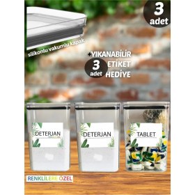 Resim 3'lü Beyaz Deterjan ve Tablet Saklama Kutusu, Vakum Kapaklı, Dekoratif Dikdörtgen 