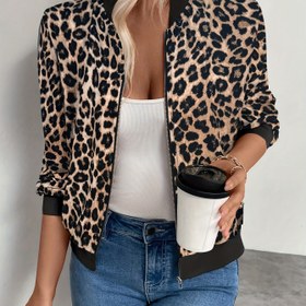 Resim Kadın Hafif Leopar Desenli Fermuarlı Hırka - Rahat Uzun Kollu Açık Ön Ceket, İlkbahar/Sonbahar Moda Katman Parçası, Hafif Hırka 