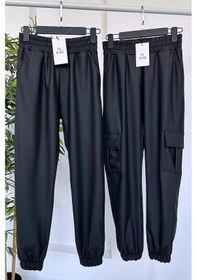 Resim Kargo Cep Deri Jogger Pantolon - Siyah Siyah 