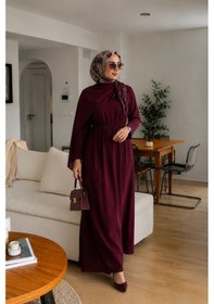 Resim Kadın Bordo Şal Yaka Viskon Tesettür Elbise Belden Bağcıklı Uzun Kollu 