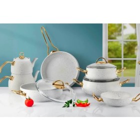 Resim Lines Yonca Güveç 11 Parça Çeyiz Seti Altın Metal Kulp - Beyaz 