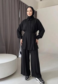 Resim adamila Kadın Siyah Tesettür İkili Takım Kuşaklı Salaş Tunik Pantolon Takım Oversize Yazlık Tesettür Kombi 
