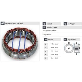 Resim 12v Alternatör Statör Lucas Tipi 55 A 3 Uçlu Mesa A-117 N11.438 