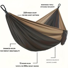 Resim Siye Siyah ve Kahverengi Çizgili Çift Tonlu Paraşüt Hamak - Dayanıklı Naylon, İplik ve Minder ile Kolay Kurulum, Kamp, Seyahat ve Açık Hava Maceraları için Mükemmel, Seyahat Malzemeleri|Modern Hamak Tasarımı|Dayanıklı Hamak 