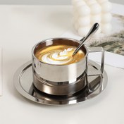 Resim Paslanmaz Kahve Fincanı ve Tabak Seti, Ev, Ofis için Uygun Kupa Süt Kupası, Özel Kahve İçecekleri için Porselen Kapuçino Bardakları, Latte, Café Mocha, Çay 