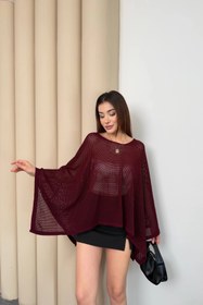 Resim Lusin Kadın Bordo Kayık Madonna Yaka Panço Görünümlü Şık Oversize Yazlık Mevsimlik File Bluz 