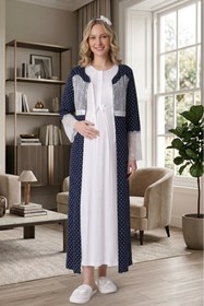 Resim Lohusa Homewear Yeni Sezon Lacivert Ekru Hamile Puantiyeli Yazlık Tam Boy Şık Dantelli Kısa Kol Sabahlık Gecelik Set 