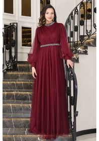 Resim Raika Moda Senna Taş Detaylı Büyük Beden Şık Tesettür Abiye Bordo 