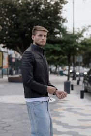 Resim Sandor Dik Yaka Siyah Hakiki Deri Ceket Erkek - Siyah / 2XL / Gerçek Deri 