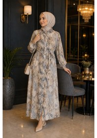 Resim %100 Pamuklu Mango Kumaş Boydan Düğmeli Kuşaklı Tesettür Elbise 135 Cm Desenli Bordo 