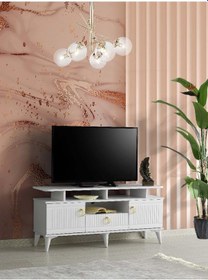 Resim 110 CM MDF MEBRAN KAPAK RAFLI TV SEHPASI BEYAZ 