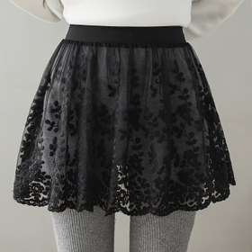 Resim Şık Kadınlar için Kontrast Dantel Etek, Şeffaf Üst Katman & Elastik Bel - Geniş Kesim Tasarım, Kalça Kapatıcı Fit, Makinede Yıkanabilir Esnemez Kumaş, Her Mevsime Uygun Moda Aksesuarı, Sevimli Etekler, Şık Kıyafet, Feminin Tarz, Kaliteli Dikiş, Trendy Kadın 