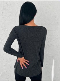 Resim Bisiklet Yaka Omuz Dekolteli Inci Motifli Uzun Kol Bluz Antrasit 