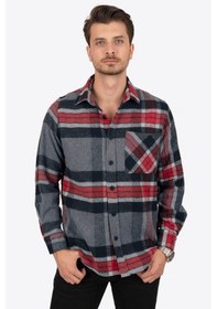 Resim Dağ Grisi Kırmızı Çizgili Over Erkek Gömlek Gri - Kırmızı 
